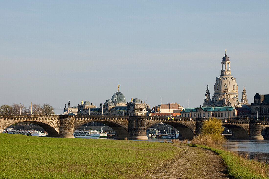 Stadtpanorama mit Elbe, Elbwiesen, Augustusbrücke, Lipsius-Bau, Frauenkirche, Dresden, Sachsen, Deutschland
