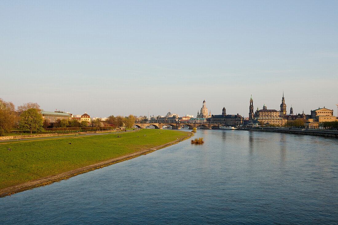 City view with the Elbe River, Elbe meadows, Augustus Bridge, Frauenkirche, Church of our Lady, Ständehaus, Hofkirche, Hausmannsturm, tower of the Dresden Castle, Semperoper, opera house, Dresden, Saxony, Germany