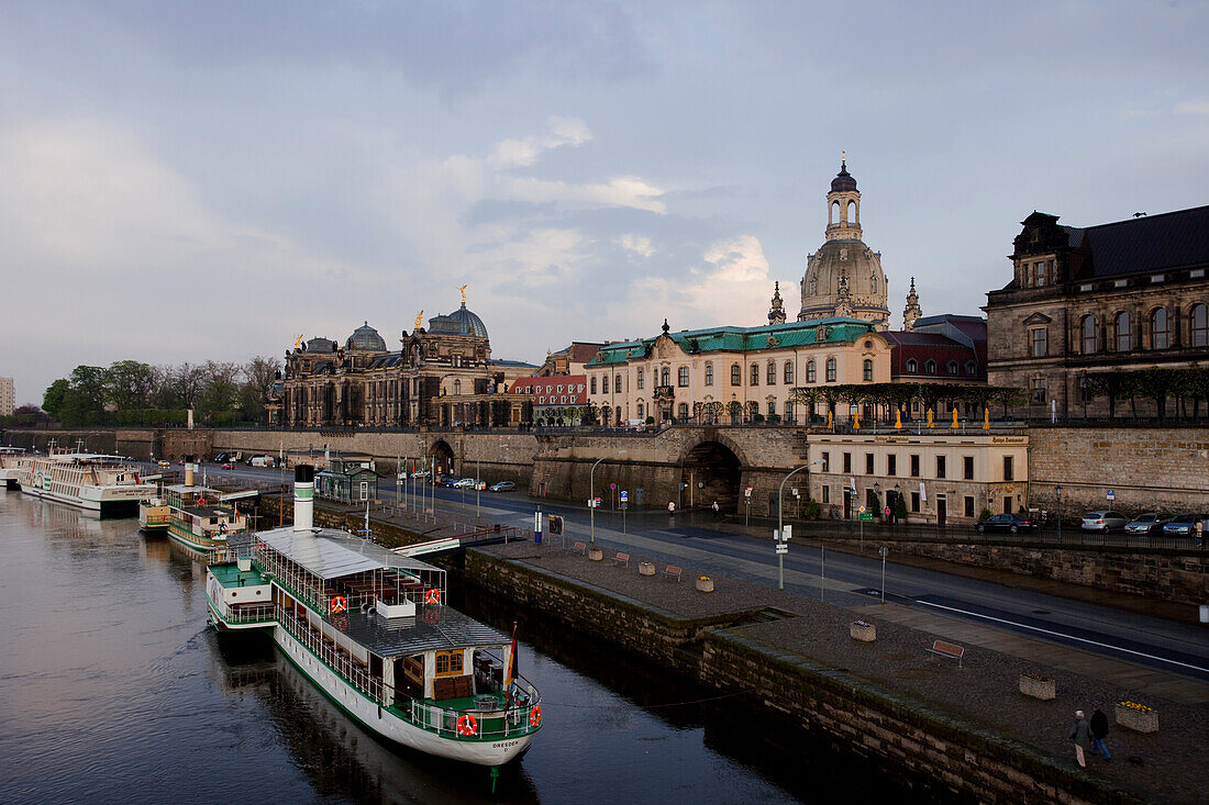 City view with the Elbe river from Augustus Bridge, excursion boats, Lipsius building, Frauenkirche, Church of our Lady, Brühlsche Terasse, Brühl´s Terrace, Brühl´s Palais, Dresden, Saxony, Germany