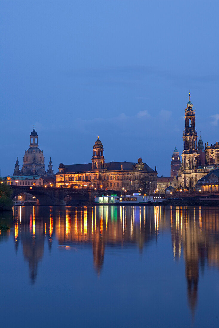 City view with Elbe River, Augustus Bridge, Frauenkirche, Church of our Lady, Ständehaus, town hall tower, Hofkirche and Hausmannsturm, tower of Dresden Castle, Dresden, Saxony, Germany