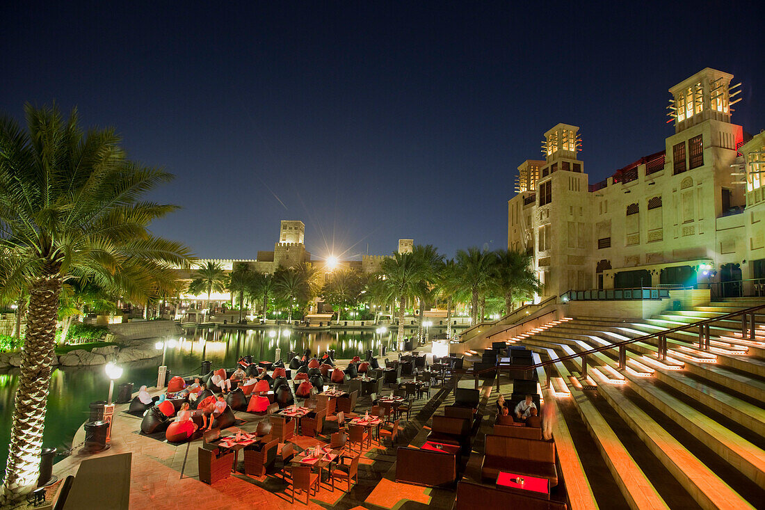 Medinat Jumeirah Restaurant at canal at night