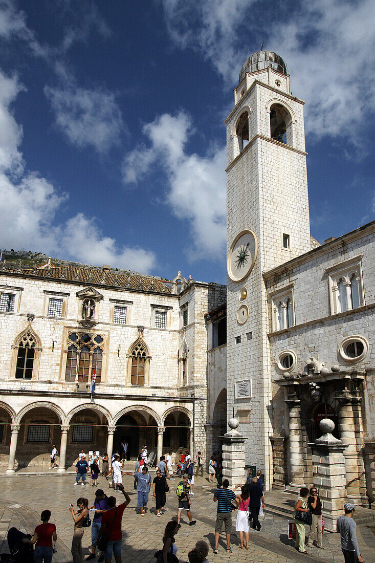 Placa Stadrun, bell tower, Main street at Luza Placa, people, Dubrovnik, Croatia