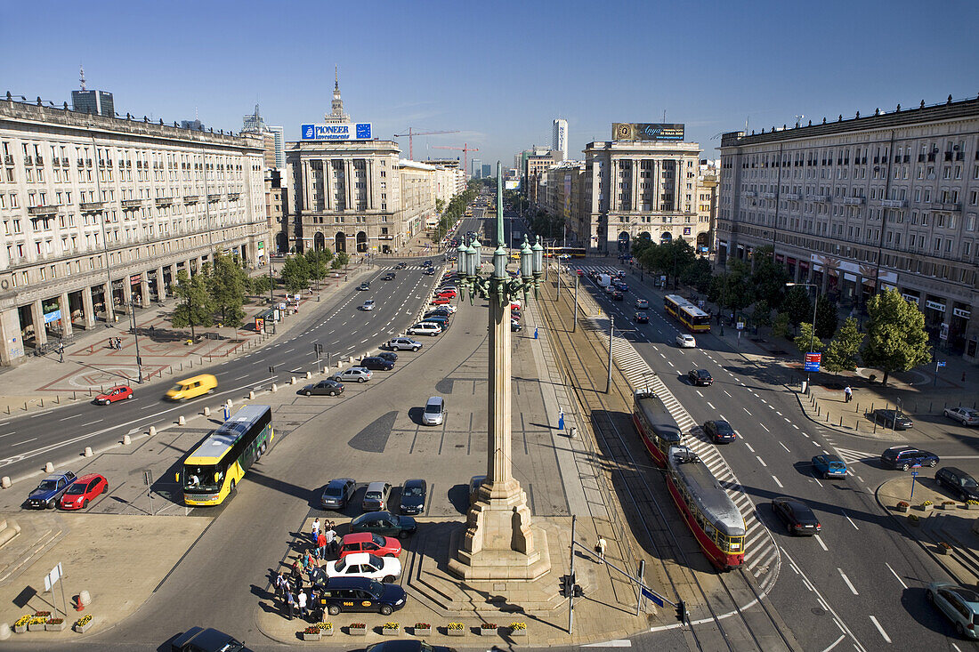 High angle view at Marszalkowska Boulevard in the sunlight, Warsaw, Poland, Europe