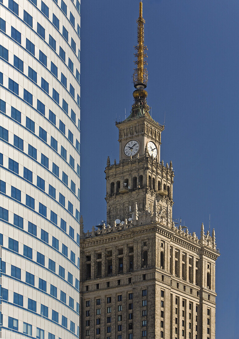 The Palace of Culture and Sciences next to the Zlote Tarasy shopping Complex, Warsaw, Poland, Europe