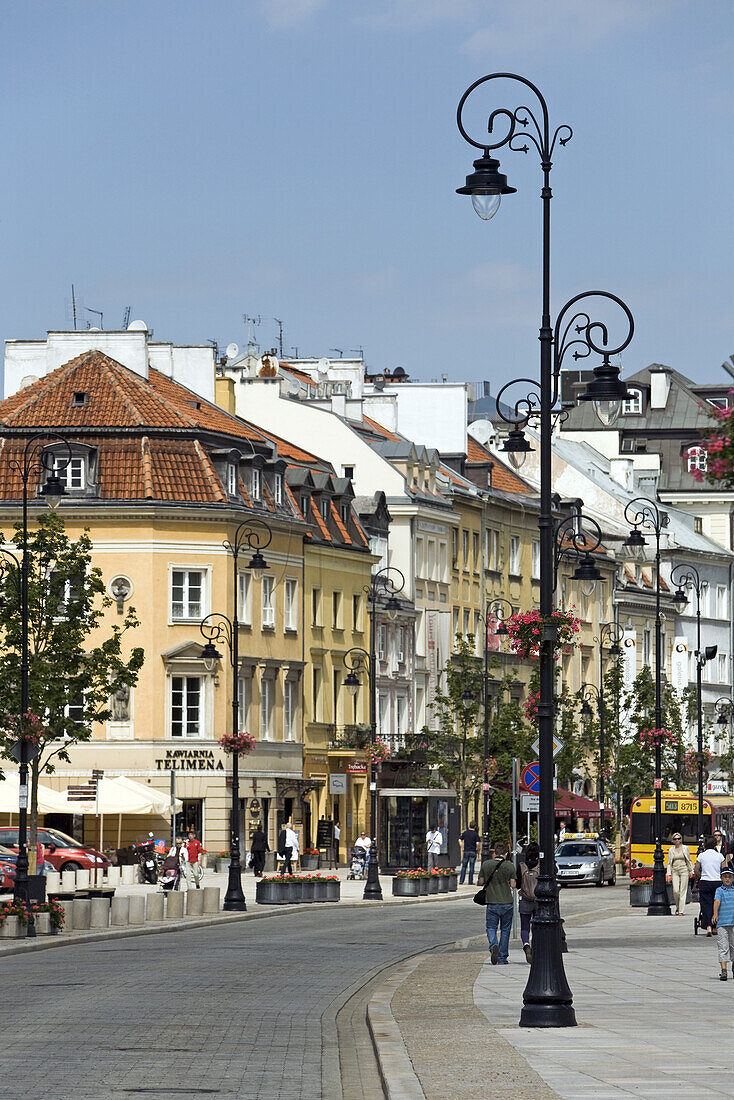 Krakowskie Przedmiescie Street in the sunlight, Warsaw, Poland, Europe