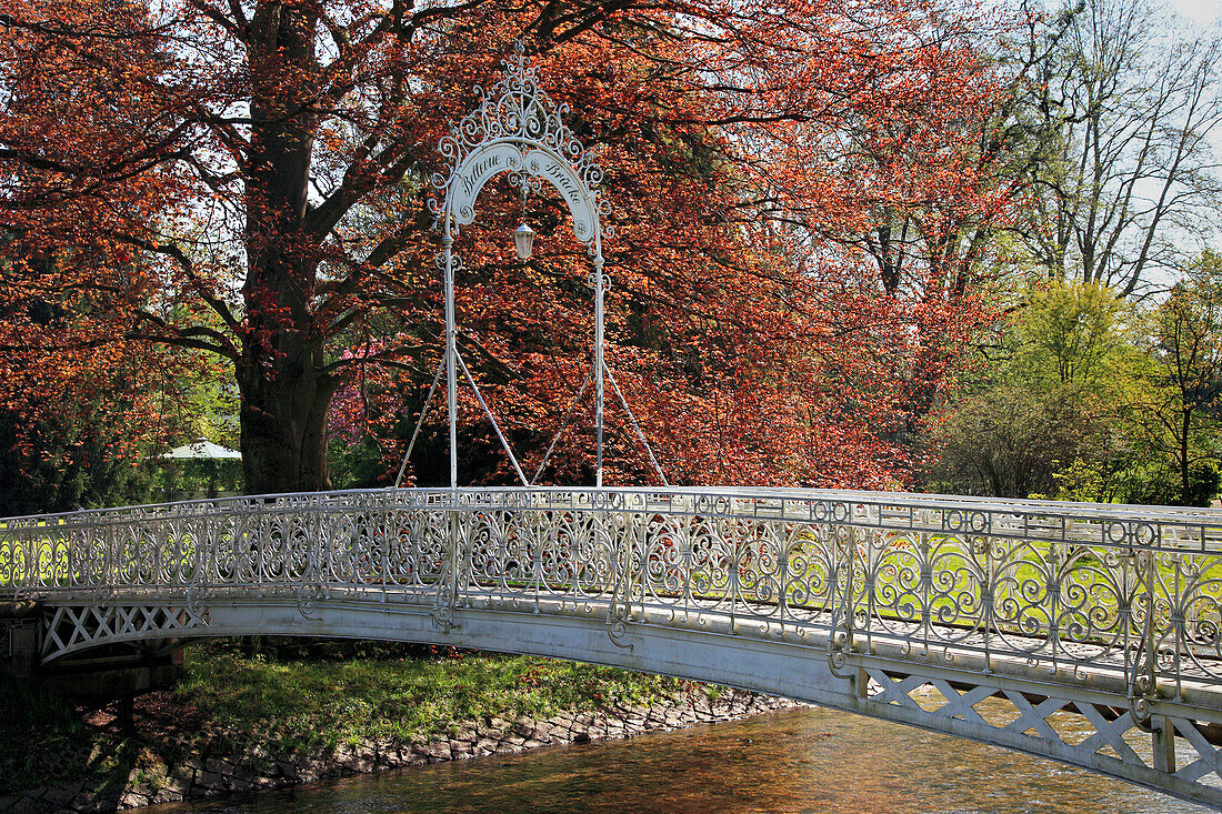 Schmiedeeiserne Bellevue-Brücke über das Flüsschen Oos, Lichtentaler Allee, Baden-Baden, Nördlicher Schwarzwald, Baden-Württemberg, Deutschland