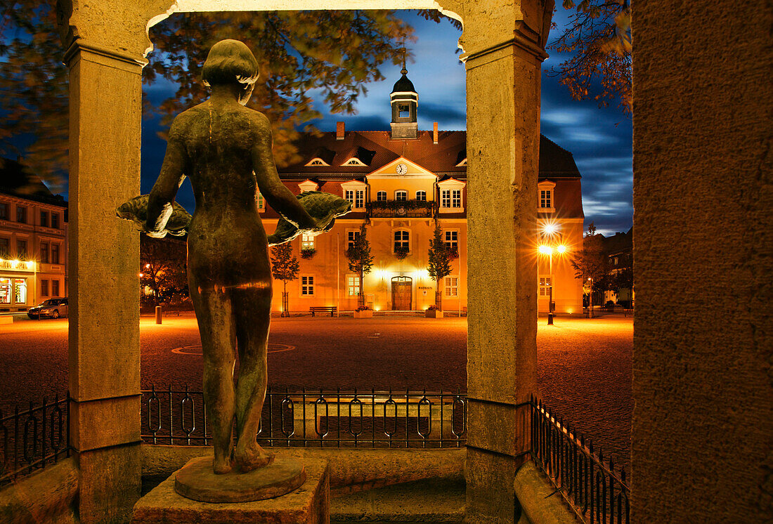 Brunnen und Rathaus bei Nacht, Marktplatz, Bad Liebenwerda, Land Brandenburg, Deutschland