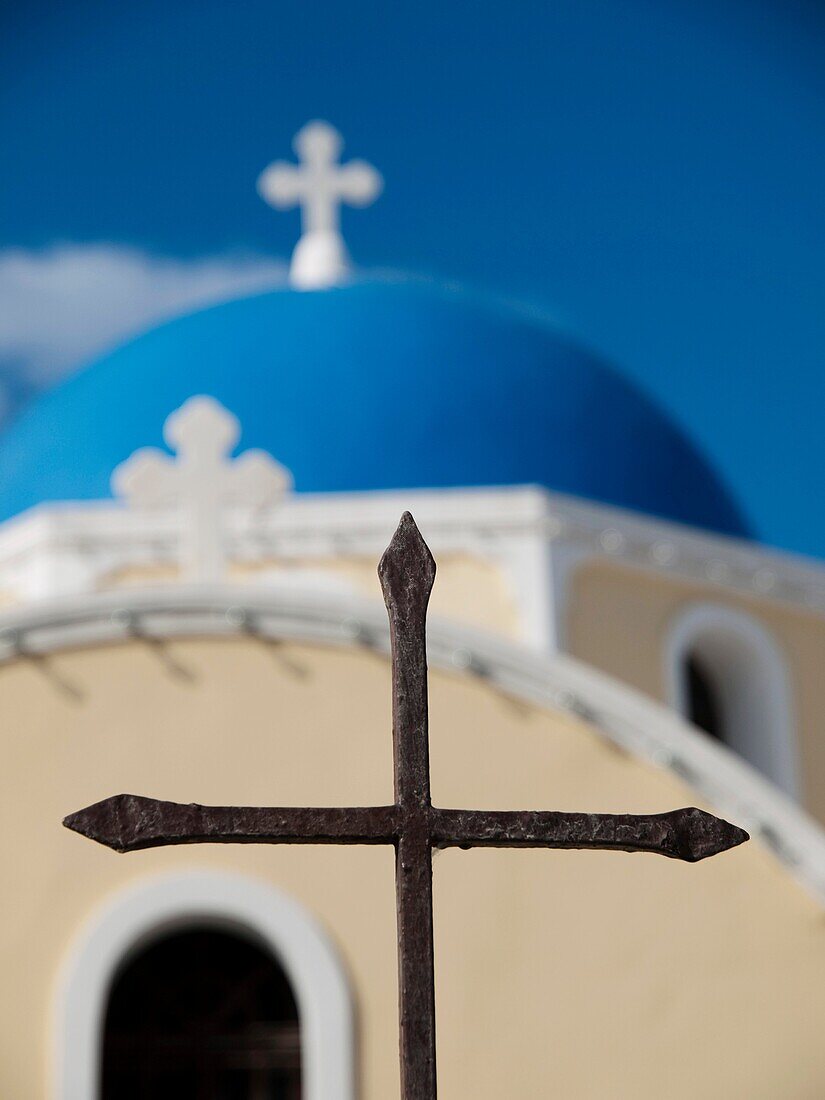 Close up of Greek Orthodox church in Fira, Santorini, Greece