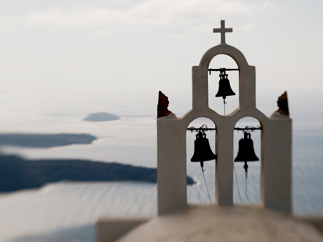 Close up of Greek Orthodox church in Imerovigli, Santorini, Greece