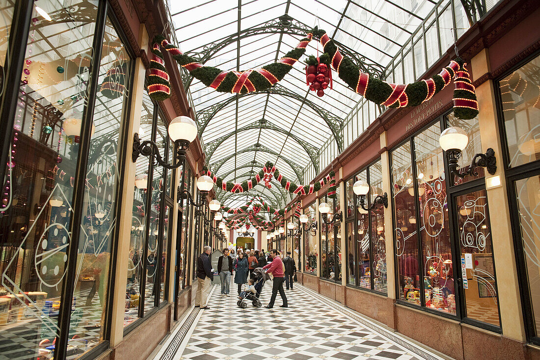 Passage Panoramas with pre-Christmas decoration, Paris, France