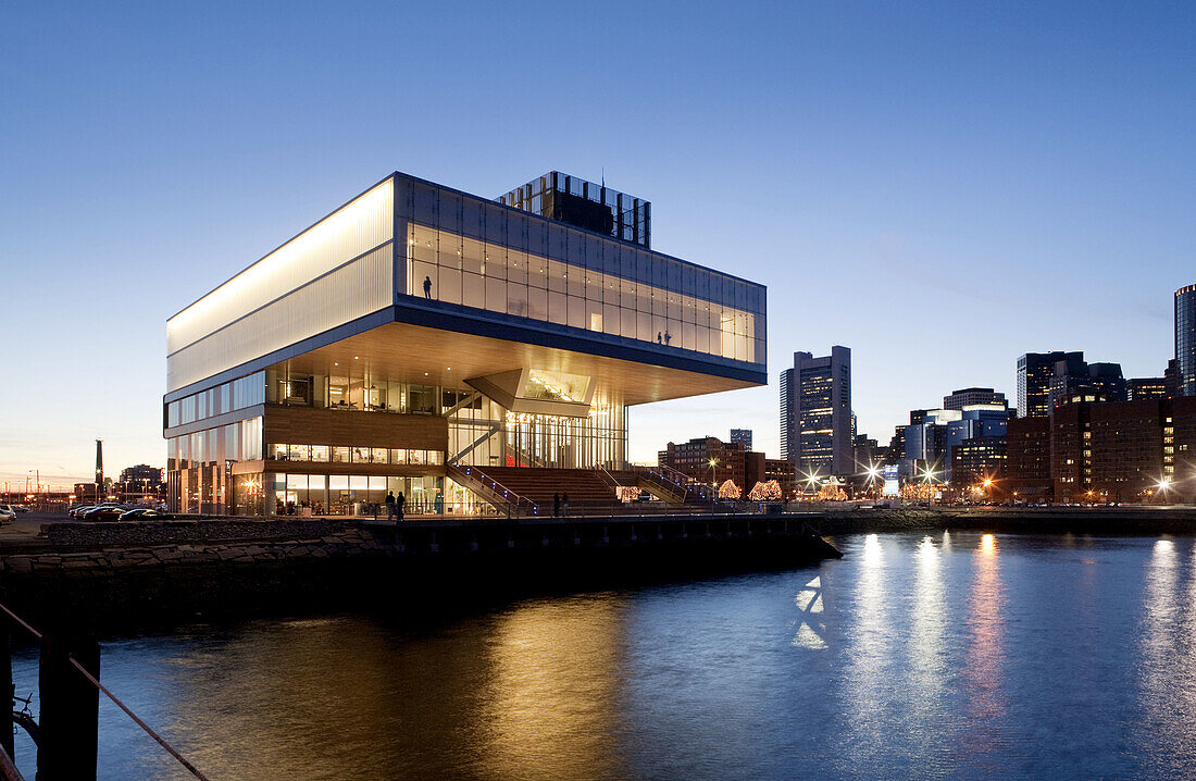 America, Architecture, Art Museum, Boston, Building, Buildings, cities, city, Color, Colour, Contemporary, Diller Scofidio + Renfro, Dusk, exterior, Fan Pier, Horizontal, Illuminated, Illumination, Massachusetts, New England, North America, outdoor, outdo