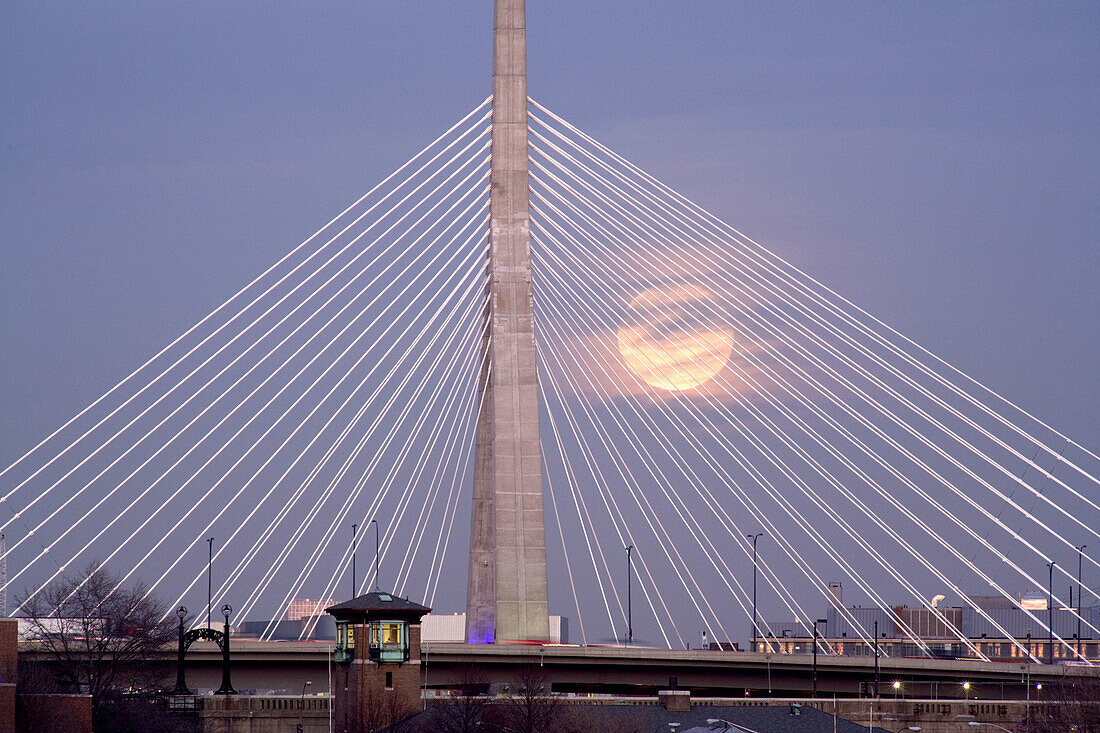Zakim Bridge with full moon rise, Boston, Massachusetts, USA