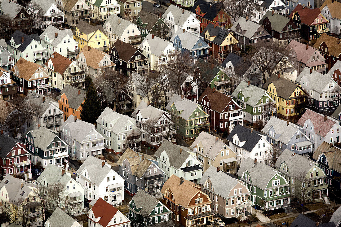 Neighborhood housing, Somerville, aerial, Boston, Massachusetts, USA
