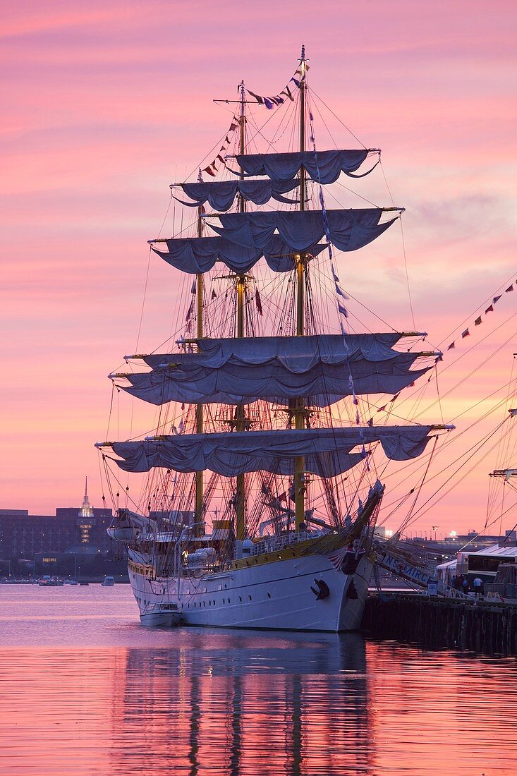 barque ´Mircea´ at sunrise , Tall Ships, Fish Pier, Boston Harbor, Boston, MA dawn
