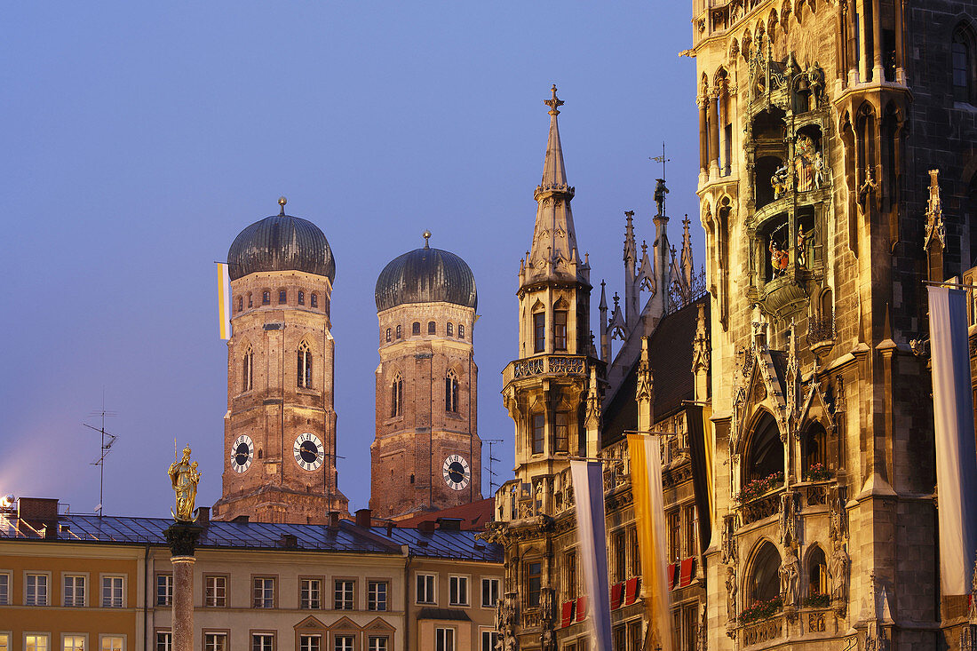 Frauenkirche cathedral and Town Hall façade, Munich, Bavaria, Germany