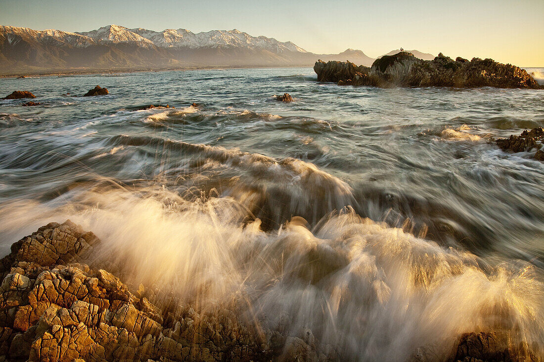 Dawn on limestone rocks, Kaikoura, Canterbury, New Zealand