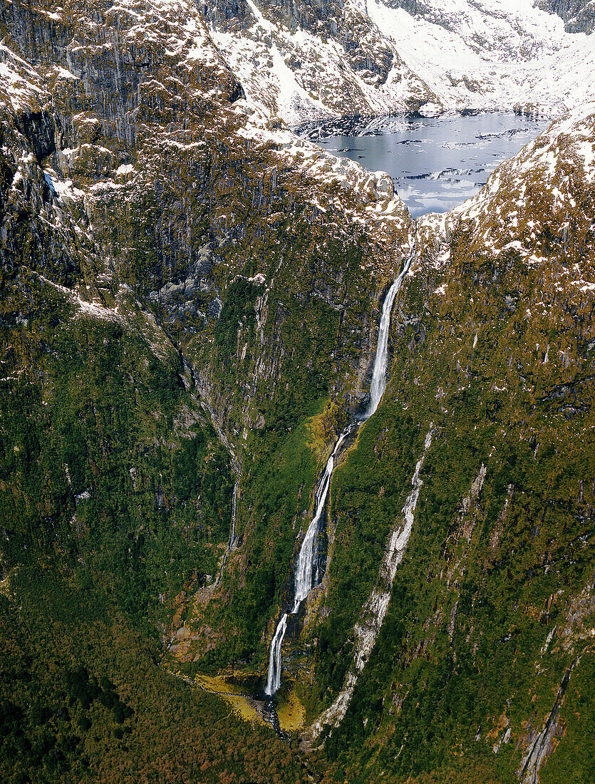 Sutherland Falls and Lake Quill aerial view Fiordland National Park New Zealand