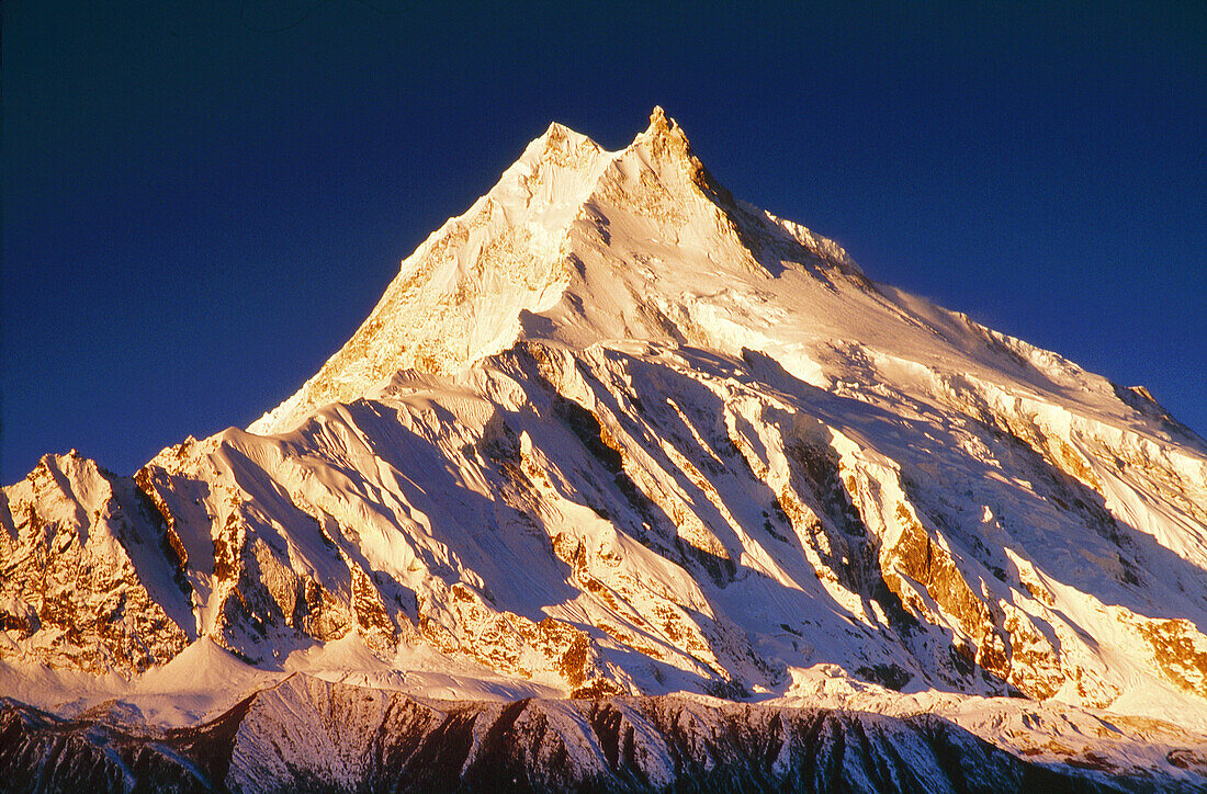 Manaslu 8156m at dawn from Lho-Sama Gaon region Manaslu Himal Nepal