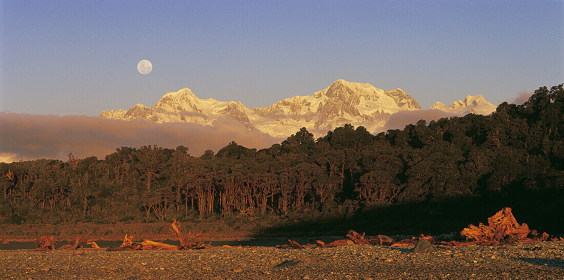Moonrise over Southern Alps Mounts Tasman l and Aoraki/Cook New Zealand