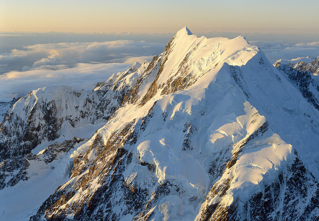 Aoraki / Mt Cook south face and Grand Traverse at sunset Mt Hicks to left Southern Alps New Zealand
