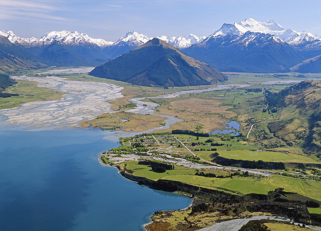 Glenorchy with Dart River mouth left and Mt Earnslaw 2819 m right aerial view from over Lake Wakatipu New Zealand