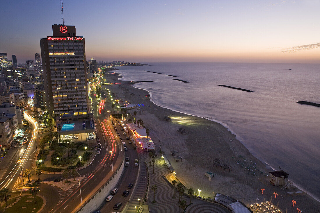 Sheraton Hotel, Herbert Samuel Street and the beaches in the evening, Tel Aviv, Israel, Middle East