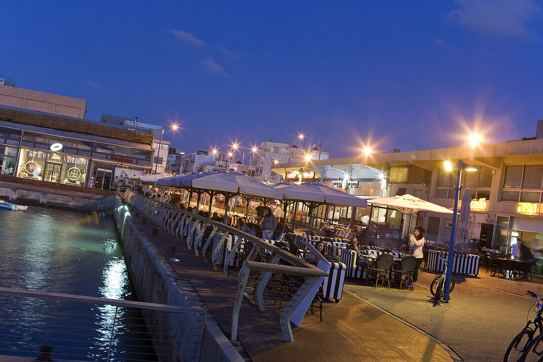 People in street cafes in the evening, Namal, Tel Aviv, Israel, Middle East