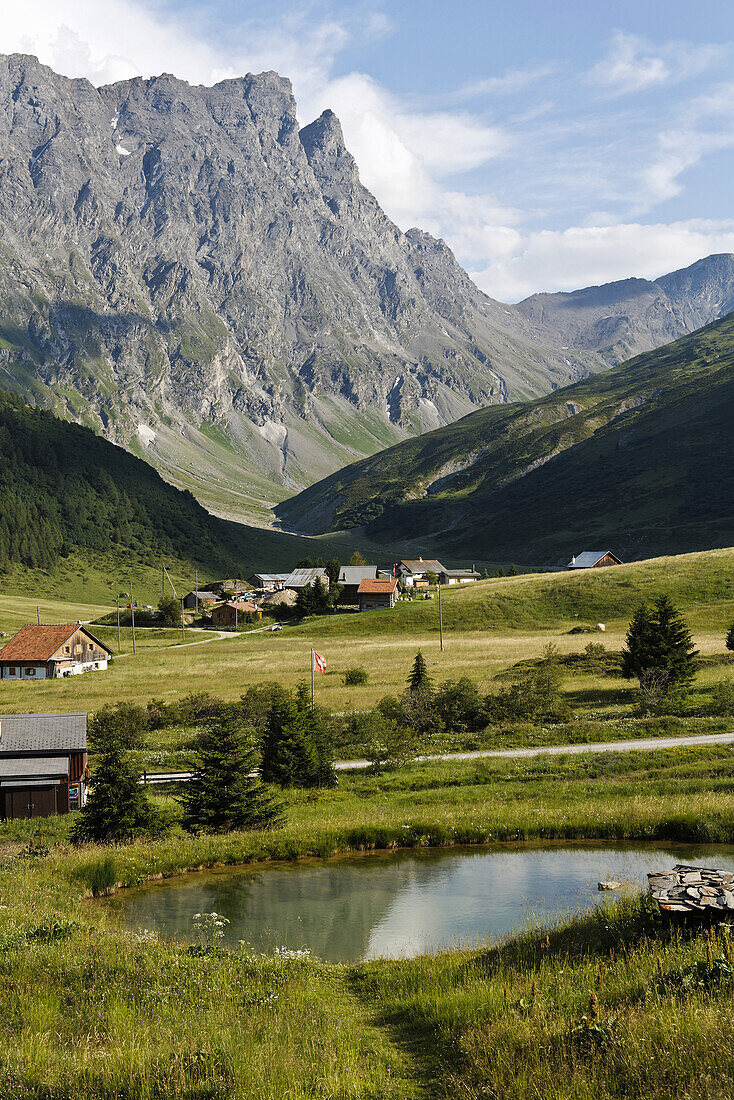 Hamlet Radons, valley Val Nandro, Piz Forbesch and Wissberg in background, Kanton of Grisons, Switzerland
