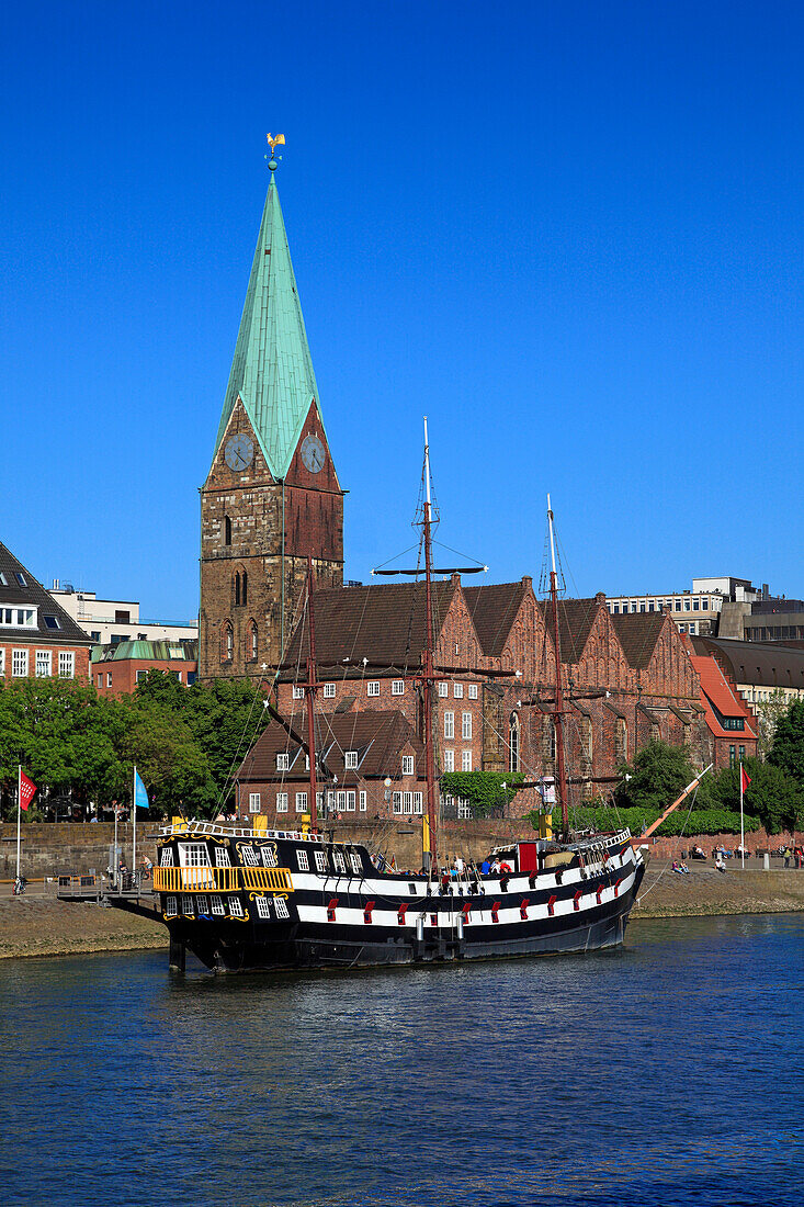 Historic ship at Martini pier at the Weser river, used as restaurant Pannekoekschip Admiral Nelson, Hanseatic City of Bremen, Germany, Europe