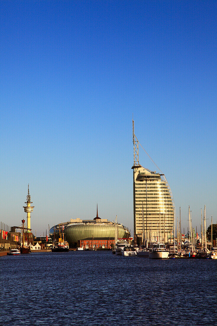 New harbour with television tower, Klimahaus 8° Ost and Atlantic Hotel Sail City, Bremerhaven, Hanseatic City of Bremen, Germany, Europe