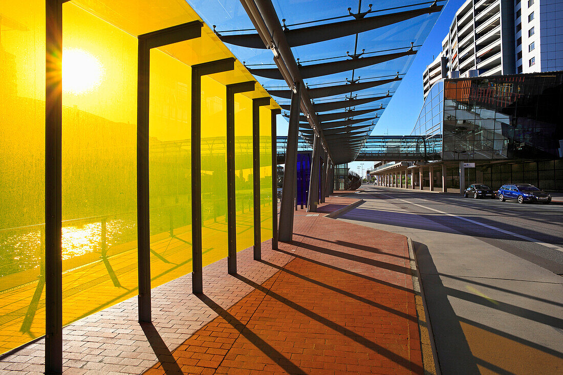 Bus stop at new harbour, Bremerhaven, Hanseatic City of Bremen, Germany, Europe