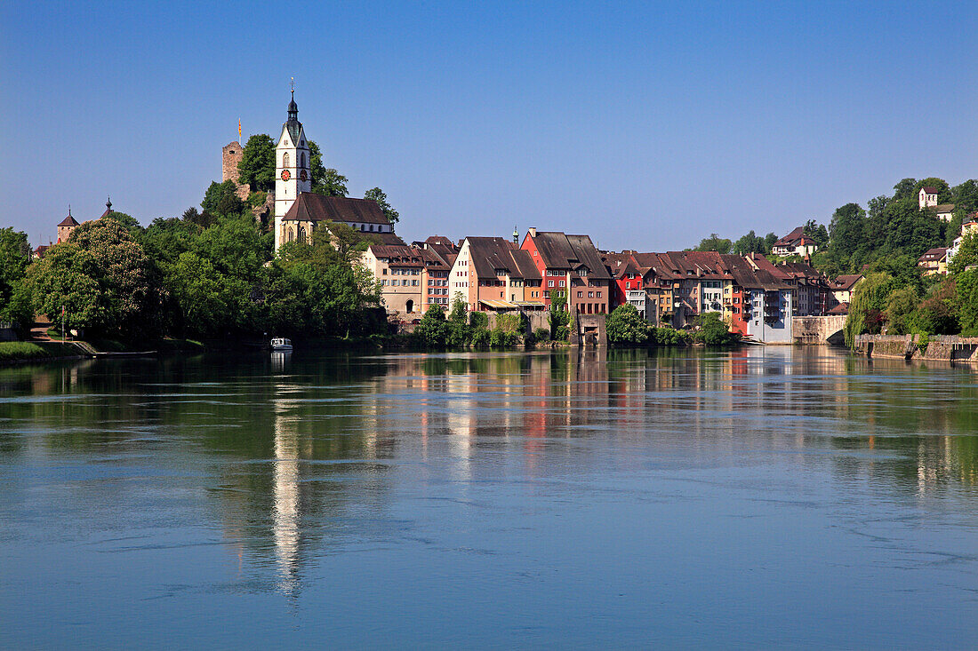 Town at the river Rhine in the sunlight, Laufenburg, High Rhine, Canton Aargau, Switzerland, Europe
