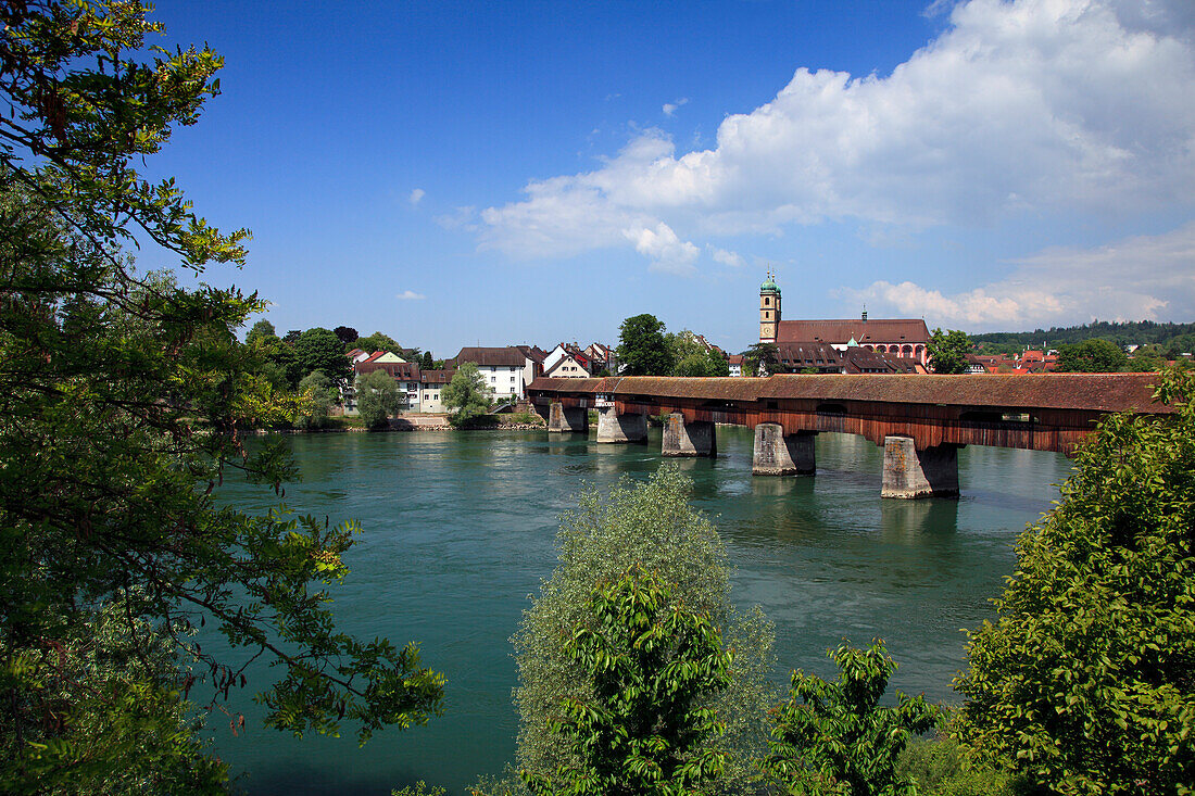 View over the covered bridge from the Swiss border across the Rhine river, Bad Säckingen, High Rhine, Black Forest, Baden-Württemberg, Germany, Europe