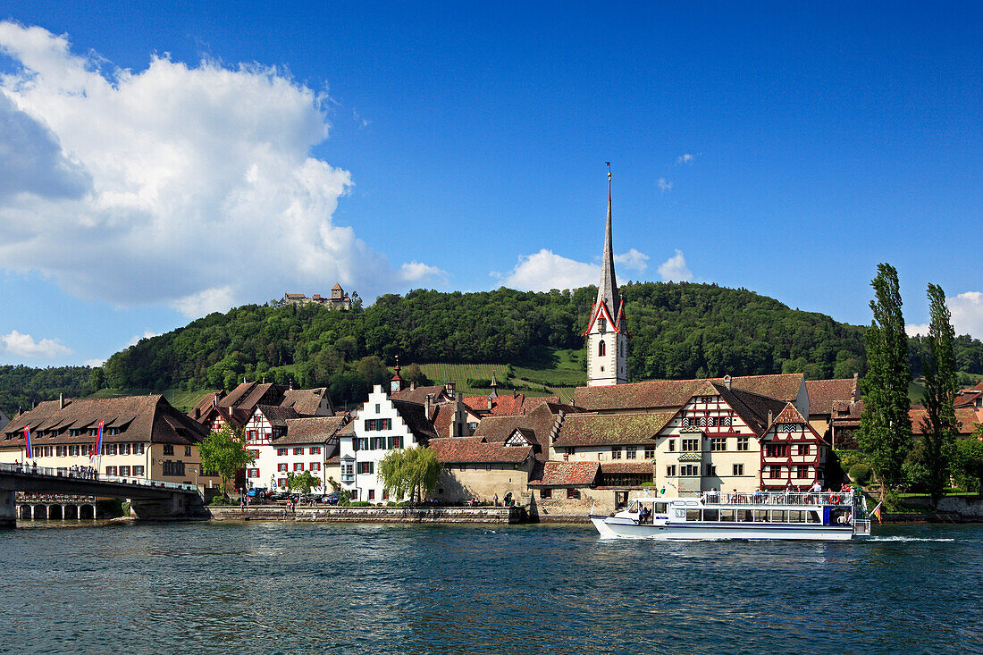 View at excursion boat on the lake and St. Georgen monastery, Stein am Rhein, High Rhine, Lake Constance, Canton Schaffhausen, Switzerland, Europe