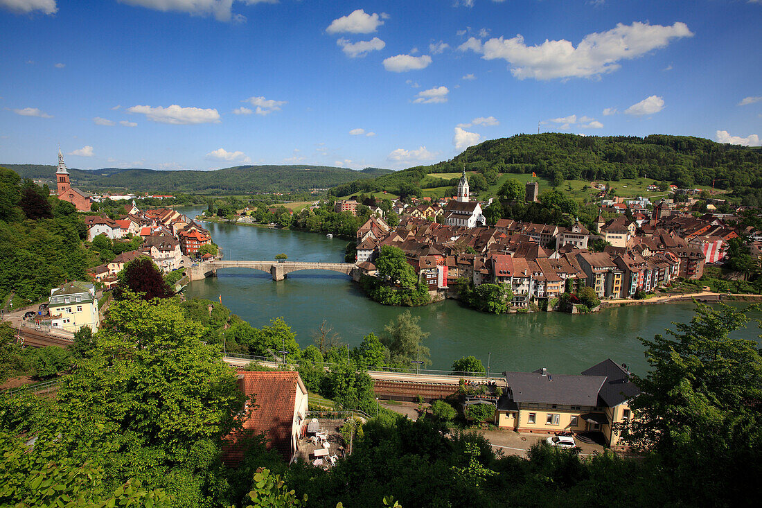 View over the Rhine river towards the „double“ town of Laufenburg, which is connected by a bridge across the Rhine river; left: Laufenburg, High Rhine, Black Forest, Baden-Württemberg, Germany; middle and right: Laufenburg, High Rhine, Canton Aargau, Swit
