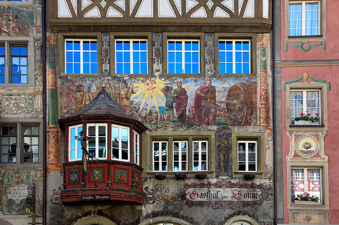 Facades at the city hall square, Stein am Rhein, High Rhine, Lake Constance, Canton Schaffhausen, Switzerland, Europe