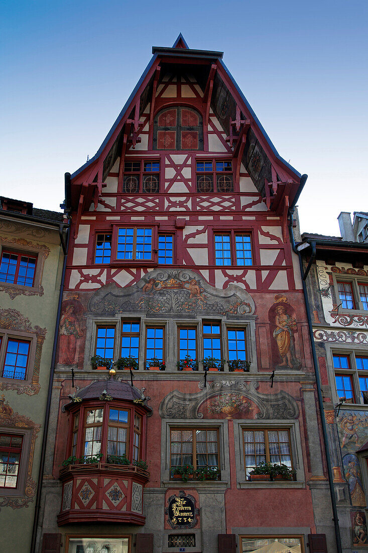 Hausfassaden am Rathausplatz, Stein am Rhein, Hochrhein, Bodensee, Untersee, Kanton Schaffhausen, Schweiz, Europa