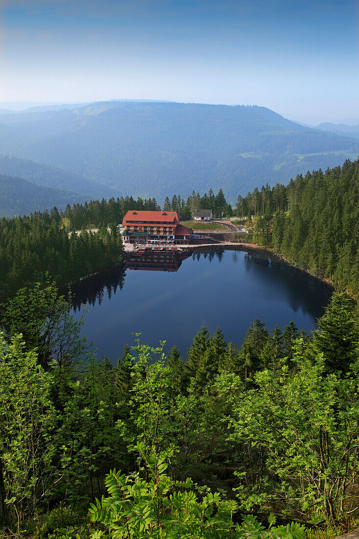 Blick auf Wald und Haus am Mummelsee, Mittlerer Schwarzwald, Baden-Württemberg, Deutschland, Europa