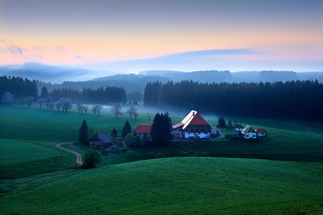 Schwarzwaldhaus in idyllischer Landschaft am Morgen, Südlicher Schwarzwald, Baden-Württemberg, Deutschland, Europa