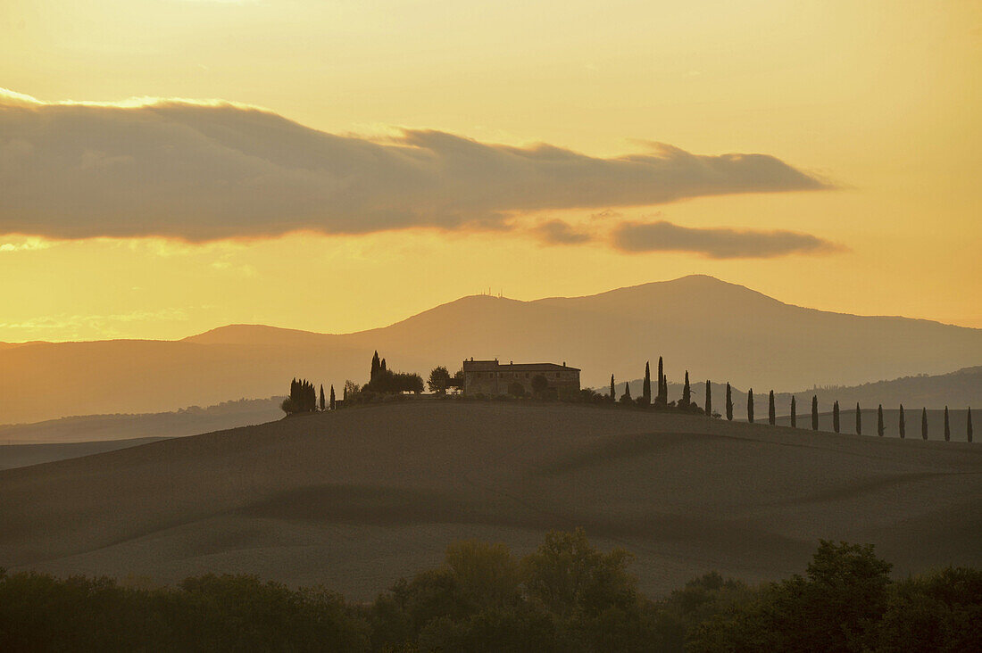 Villa mit Zypressen im Val d'Orcia bei Sonnenuntergang, Toskana, Italien, Europa