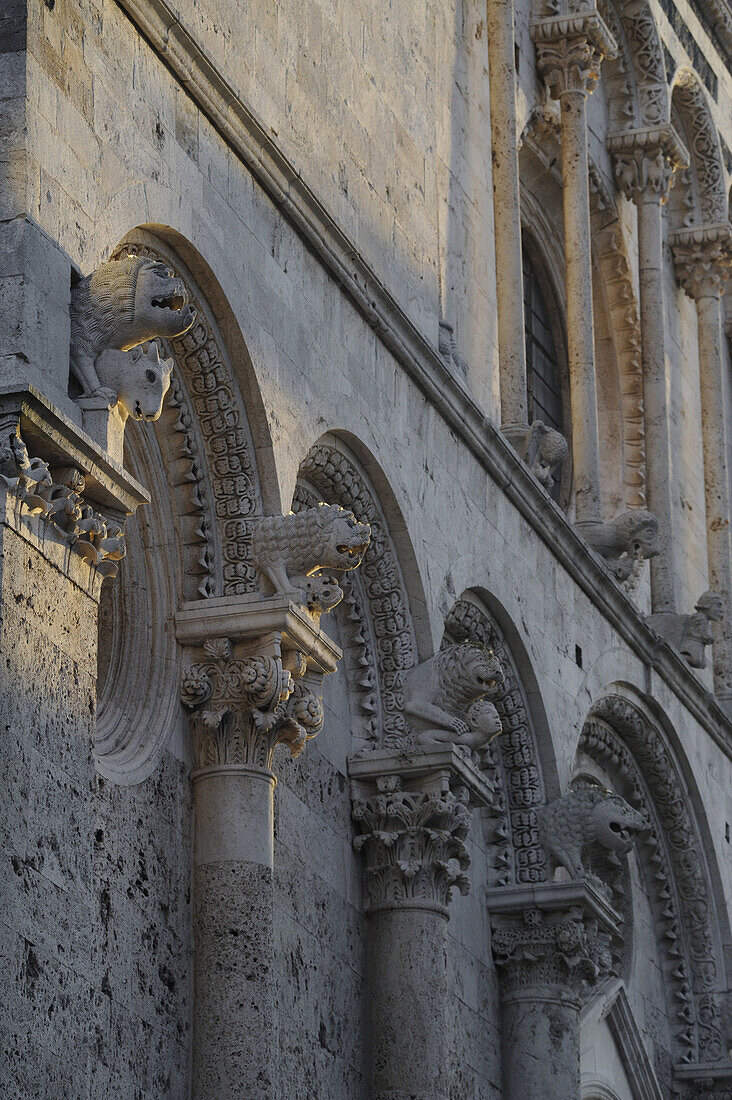 Stone figures at facade of cathedral in Massa Marittima, Province Grosseto, Tuscany, Italy, Europe