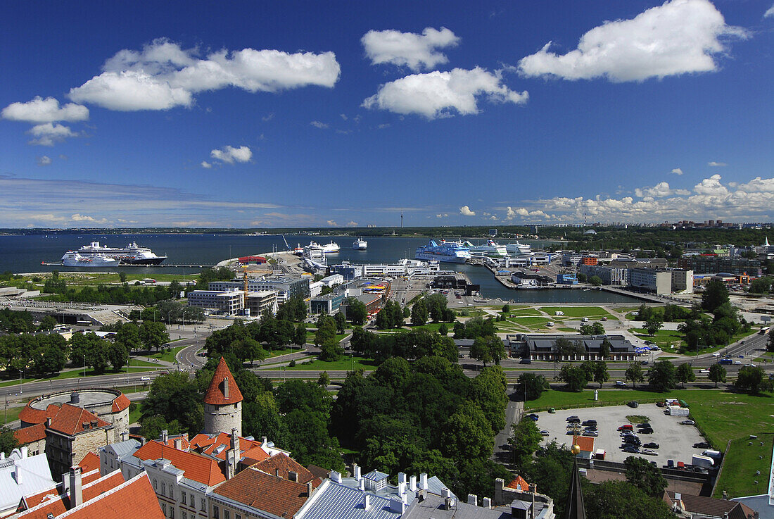 Houses and harbour under clouded sky, Tallinn, Estonia, Europe