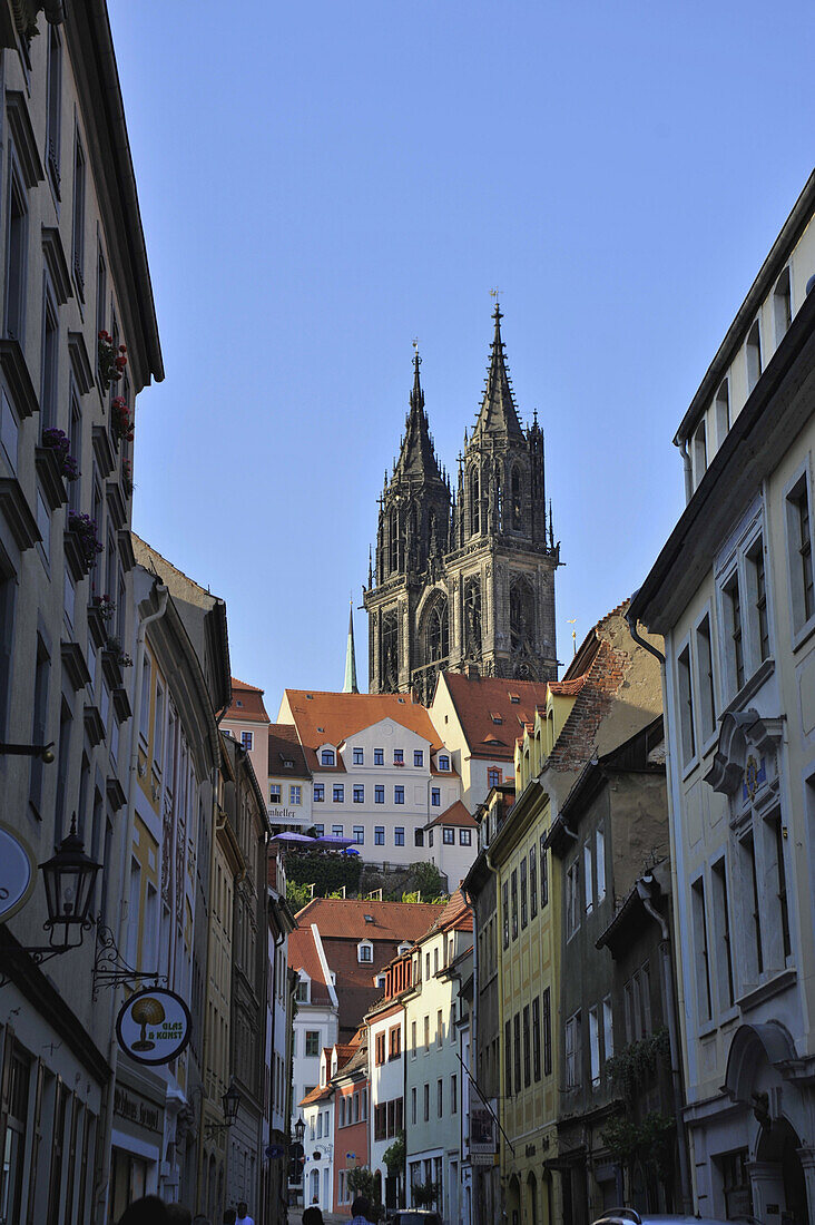 View through Burgstrasse towards cathedral at the old town, Meissen, Saxony, Germany, Europe