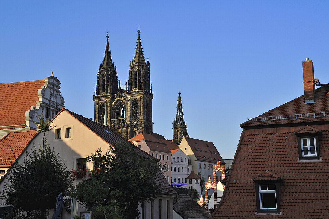 View towards cathedral at the old town under blue sky, Meissen, Saxony, Germany, Europe