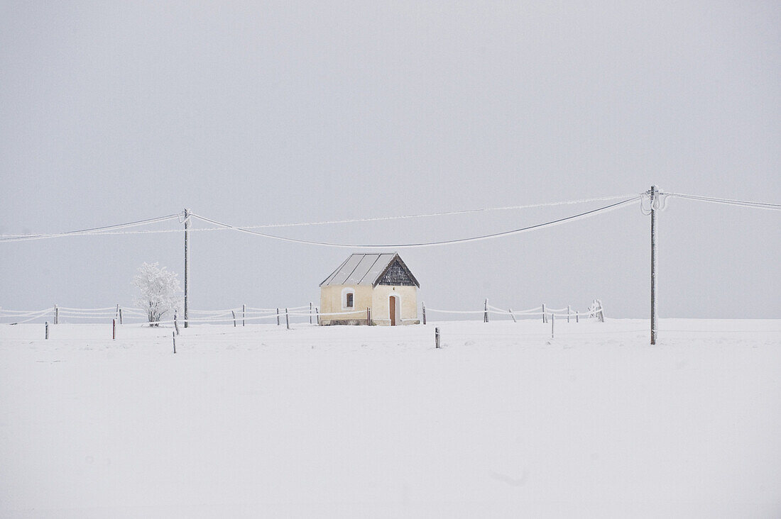 Einzelnes Haus im Winter, Tegernseer Land, Oberbayern, Bayern, Deutschland