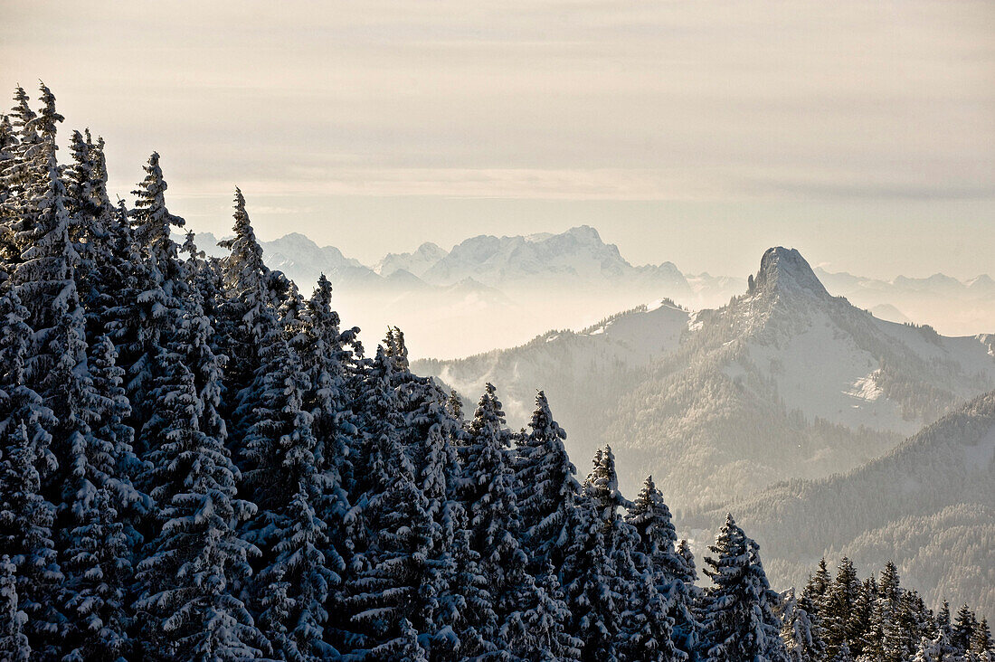 Wald und Gebirgslandschaft im Winter, Tegernseer Land, Oberbayern, Bayern, Deutschland