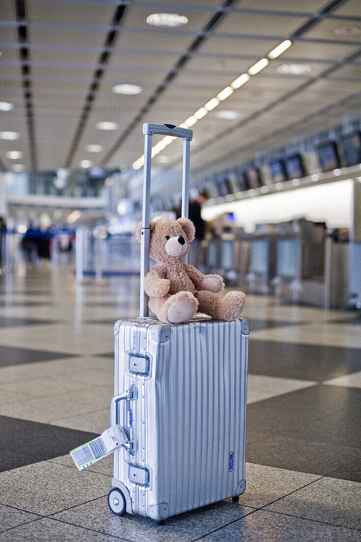 Teddy auf einem Koffer, Flughafen München, Bayern, Deutschland