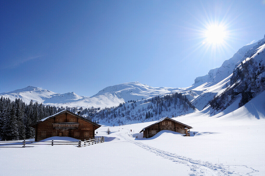 Snow-covered alpine huts, Rauriser Tal valley, Goldberggruppe mountain range, Hohe Tauern mountain range, Salzburg, Austria