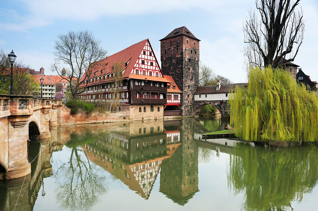 Weinstadel, winestore, water tower and the river Pegnitz, Nuremberg, Bavaria, Germany