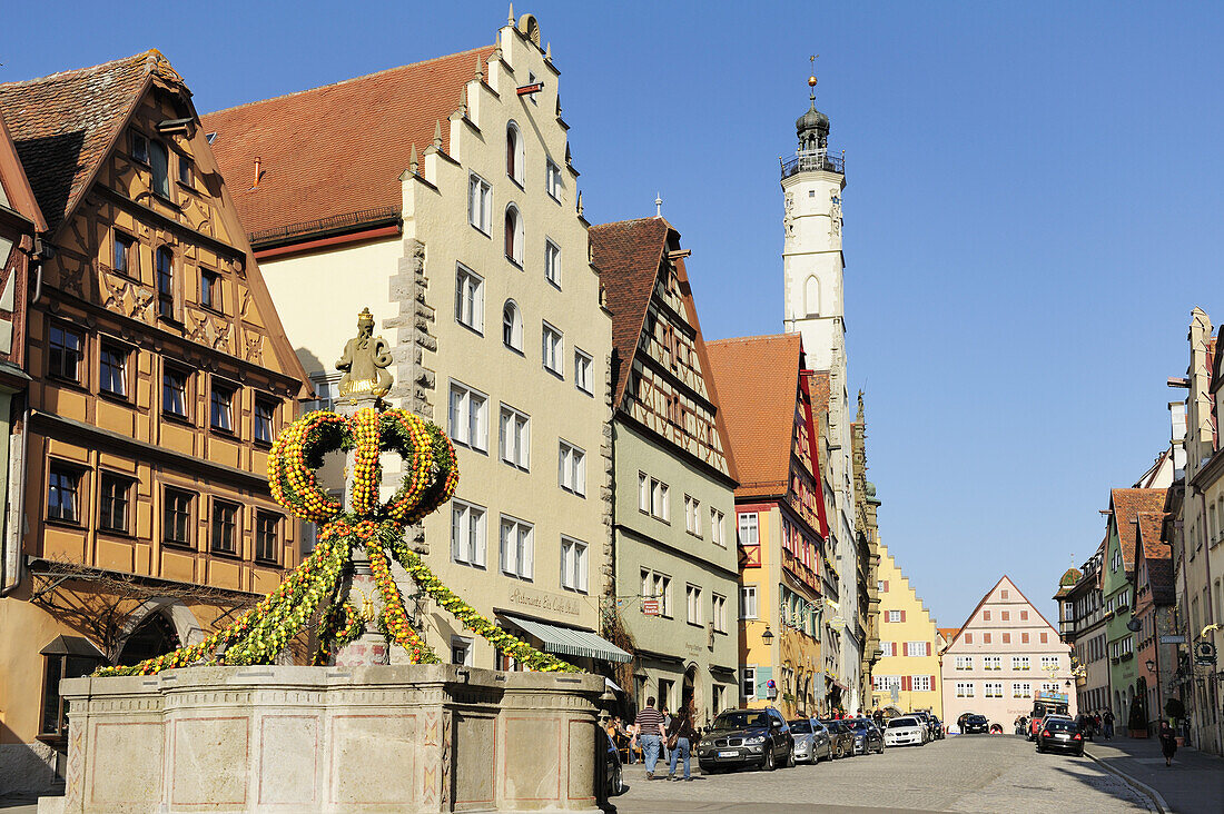 Fountain decorated for Easter, Herrengasse, Rothenburg ob der Tauber, Bavaria, Germany